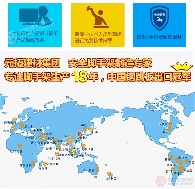 元拓建材集團(tuán)，安全腳手架制造專家！專注腳手架生產(chǎn)18年，中國(guó)鋼跳板出口冠軍！